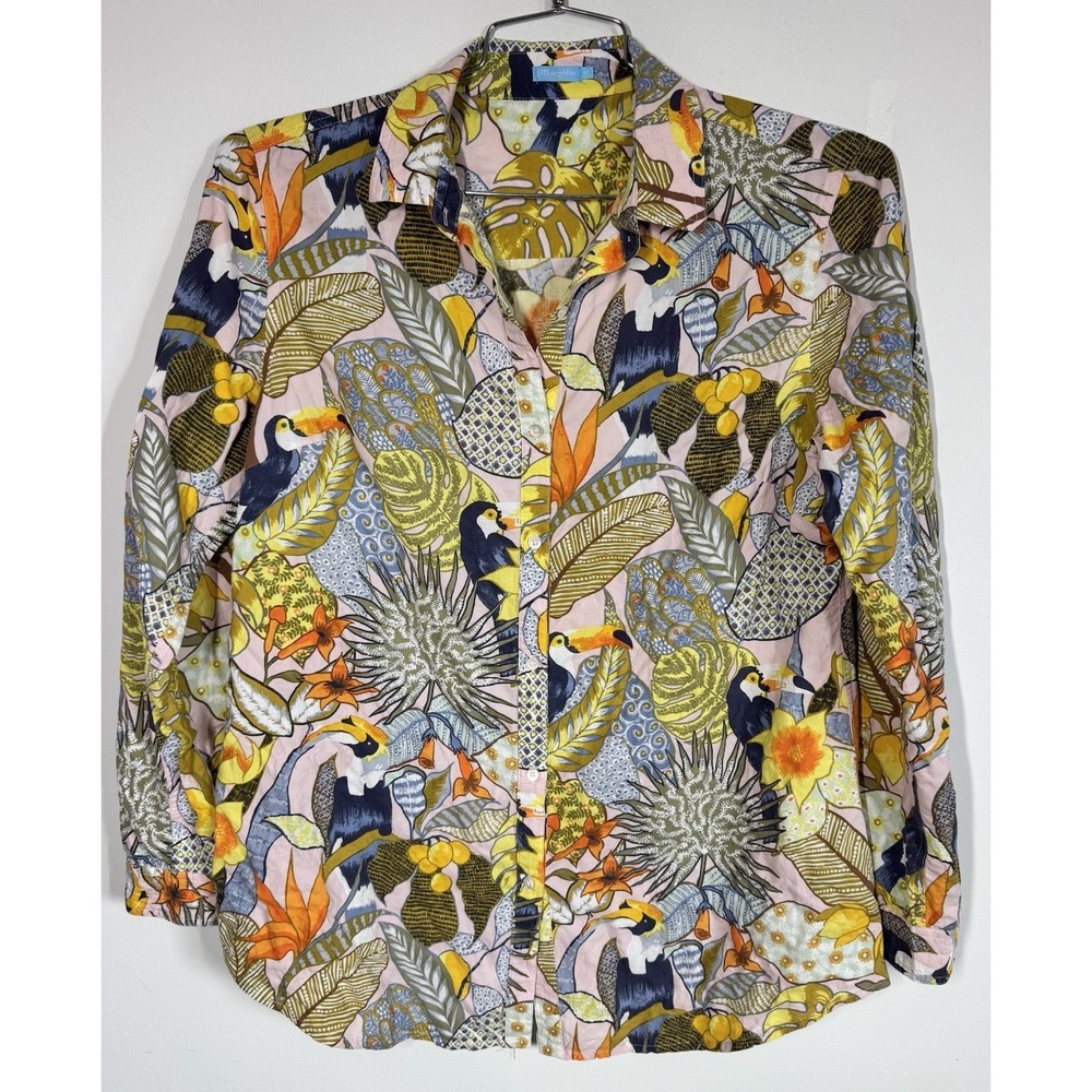 J. McLaughlin Tropical Toucan Long Sleeve Button Up Shirt Sz M Stretch Coastal